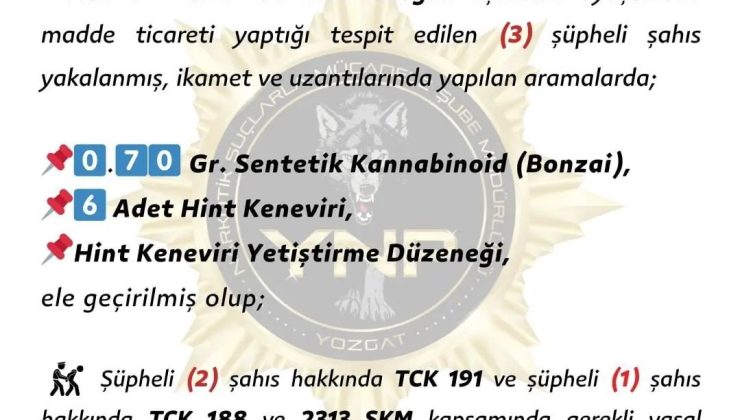 Yozgat İl Emniyet Müdürlüğü olarak ZEHİR ve ZEHİR TACİRLERİ ile mücadelemizi kararlılıkla sürdüreceğiz…